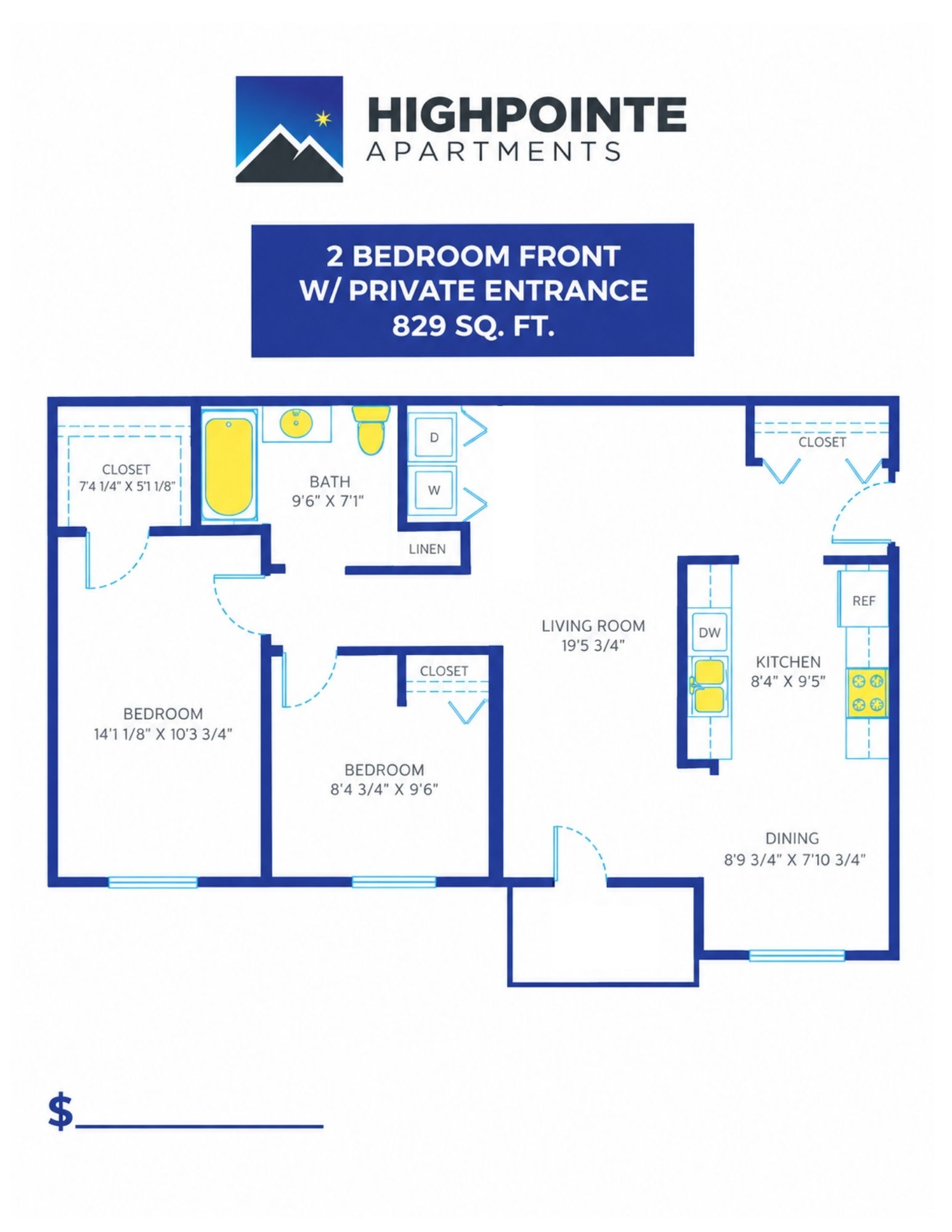 Floor plan for 2 beds, 1 bath, 829 sqft